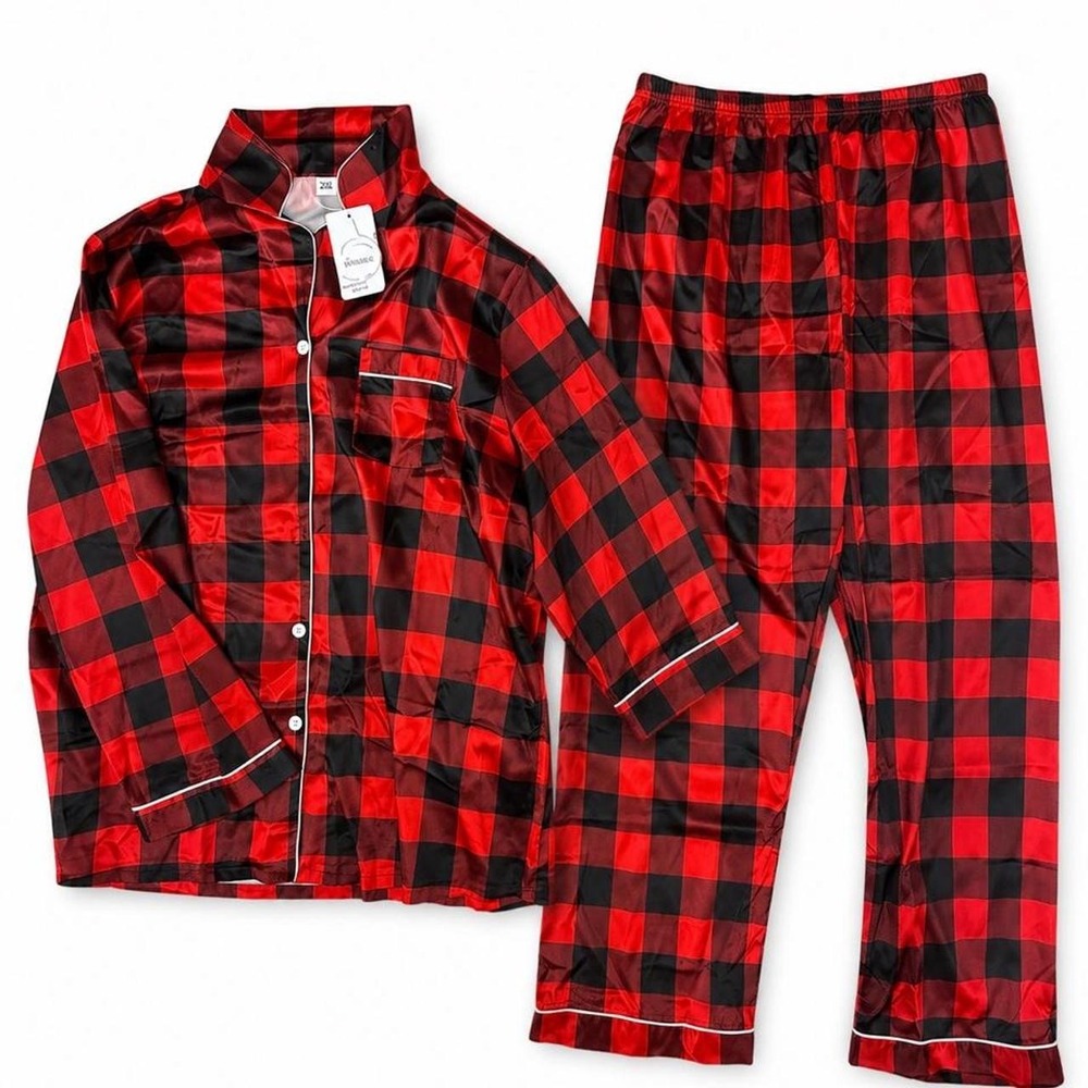 SWOMOG Buffalo Plaid Satin Pajama Set